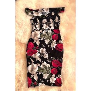 Roses print off the shoulder dress